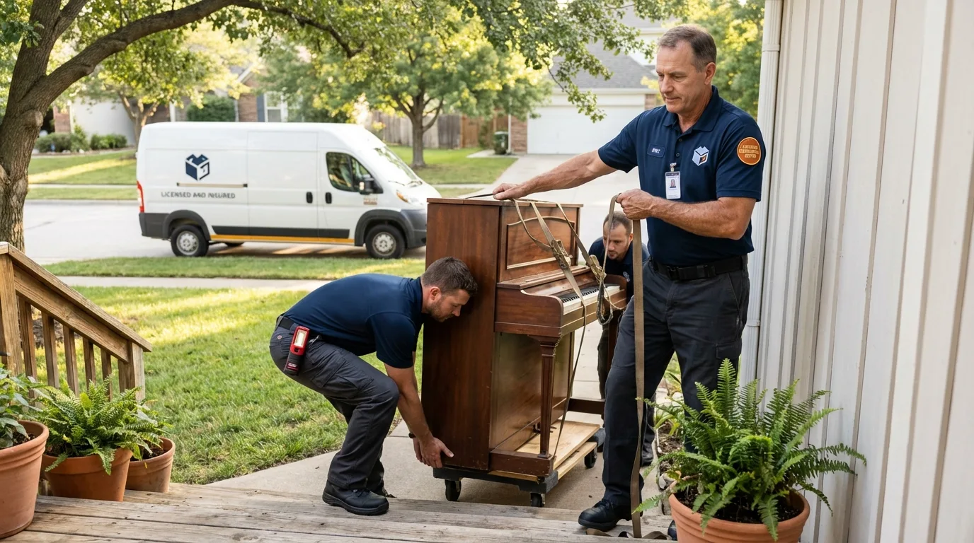 Licensed piano movers securing grand piano in Kansas City, MO