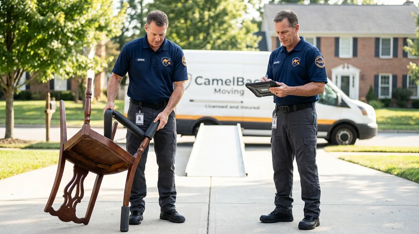 Movers inspecting furniture for damage prevention before loading in Kansas City, MO