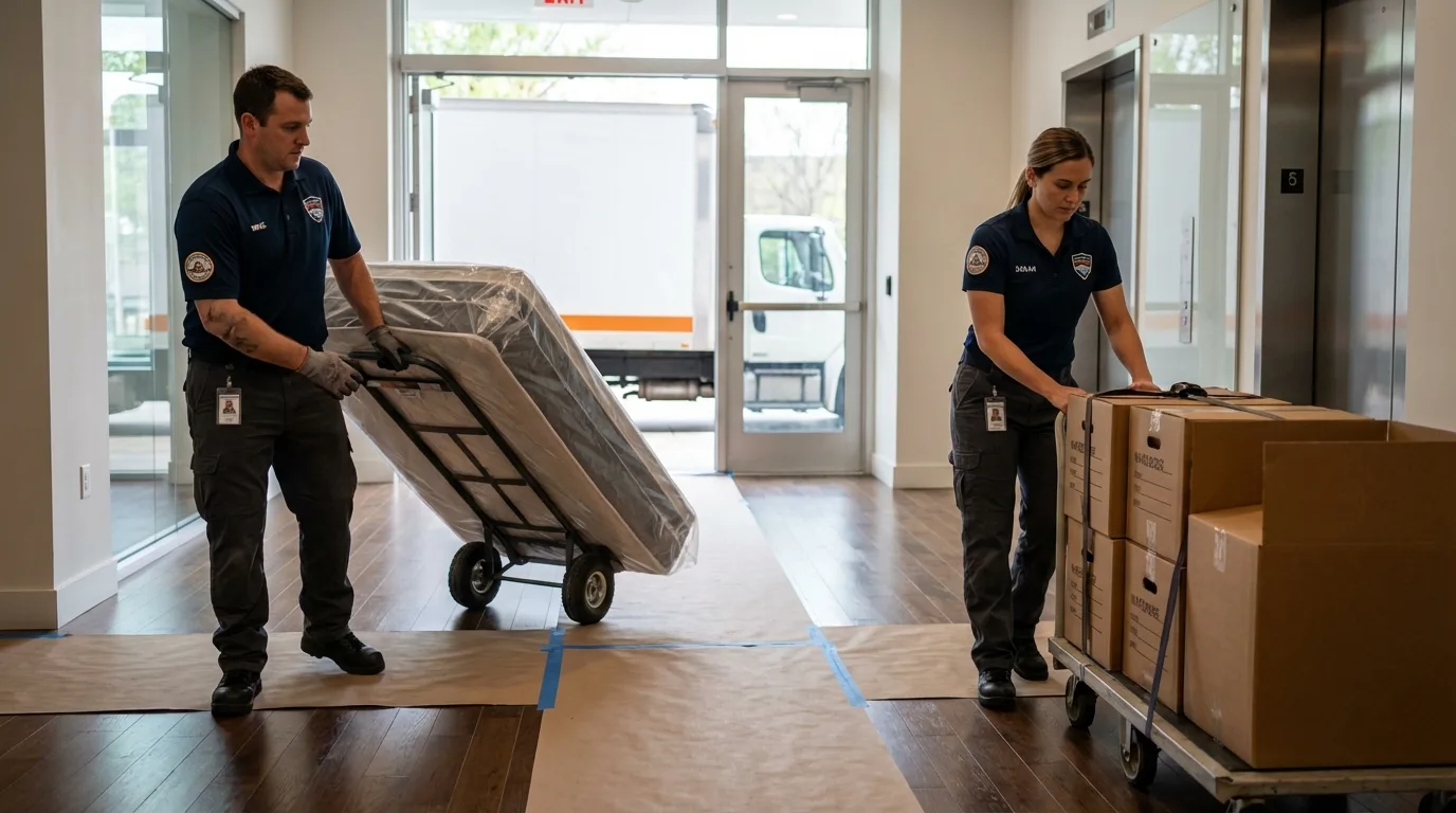 Professional apartment movers loading elevator in Kansas City, MO