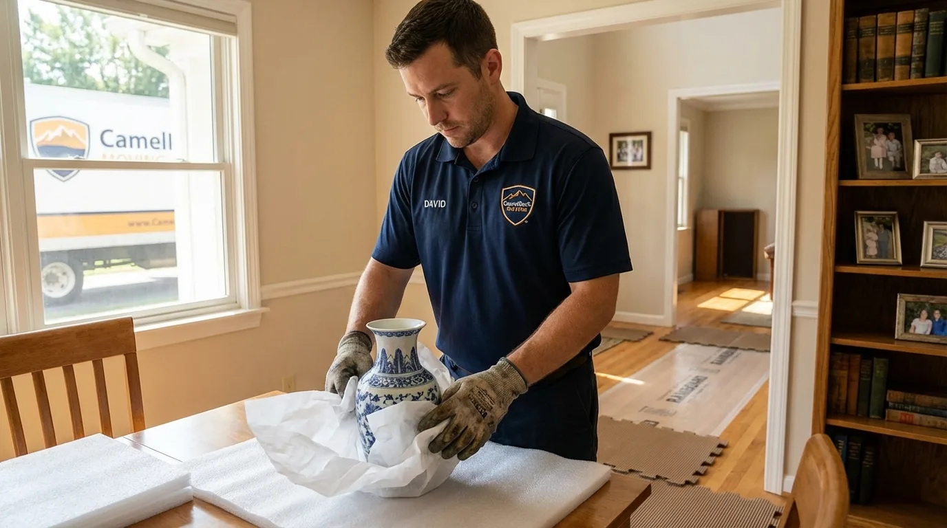 Professional crew carefully wrapping antique vase for senior downsizing move in Kansas City, MO